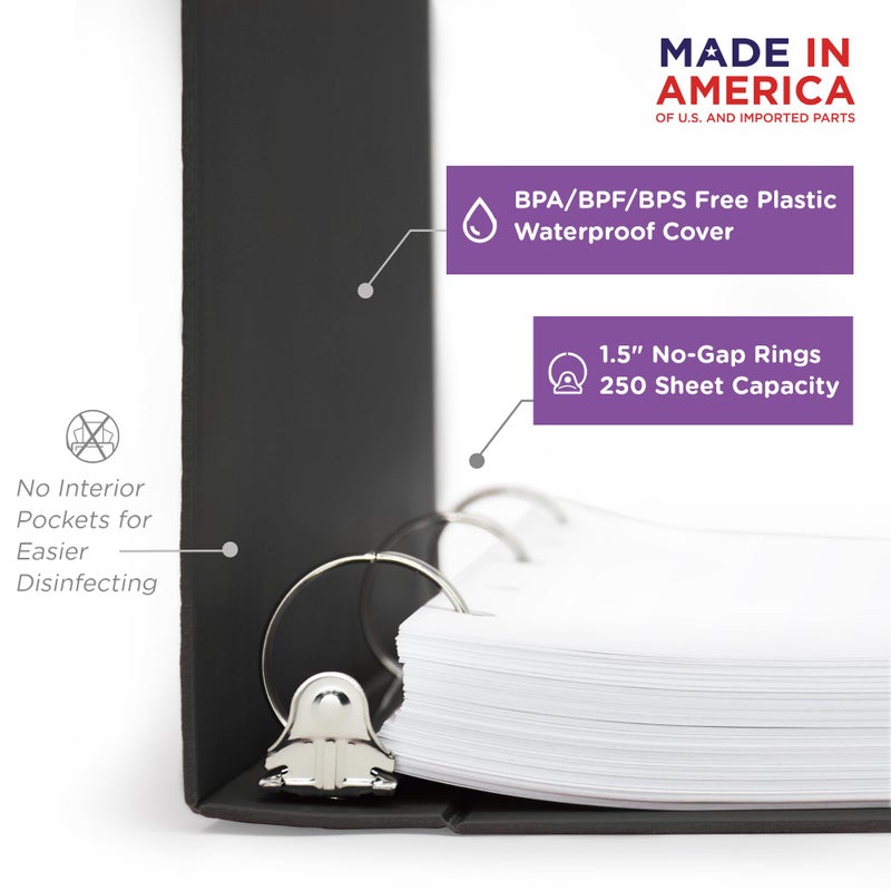 Carstens 1.5-Inch Heavy Duty 3-Ring Binder - Side Opening, Black, Durable Plastic, Precision No-Gap Rings, Waterproof Covers, No Pockets, Holds 250 Letter-Size Sheets, BPA-Free, Made in USA (2070-3R) - Image 2